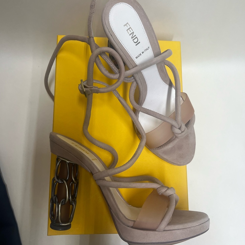 Fendi Beige Suede Chain Cage Heel Platform Sandals Size 39